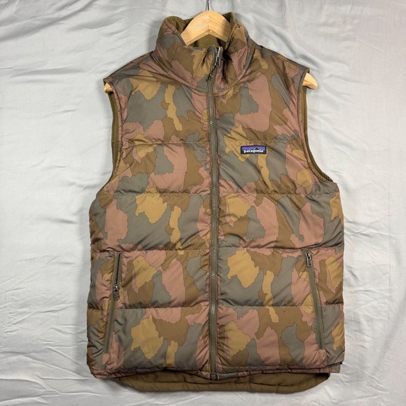 Patagonia Reversible Bivy Down Vest Mens Sz S Brown Camo Puffer Gorpcore